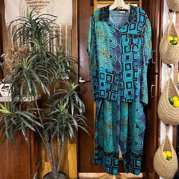 White Stag Pants - Vintage Plus Size 2 Piece Set 22W 24W Teal Patchwork Rayon Pants Shirt Outfit